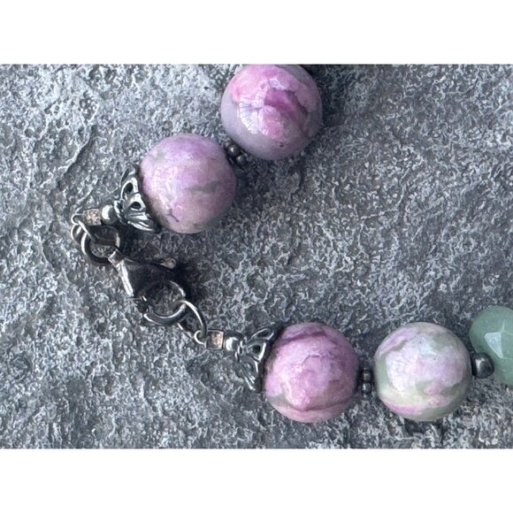 Natural Rhodonite & Aventurine 925 Sterling Silver Beaded Bracelet - Picture 3 of 8